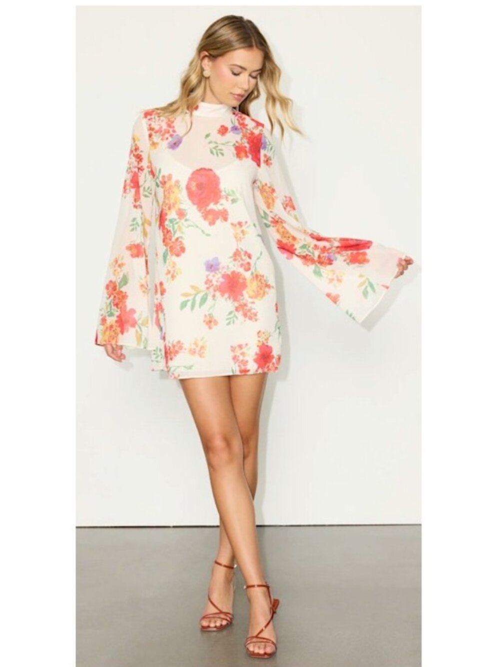 Lulus Perfected Charm Ivory Multi Floral Bell Sleeve Mini Shift Dress Small New